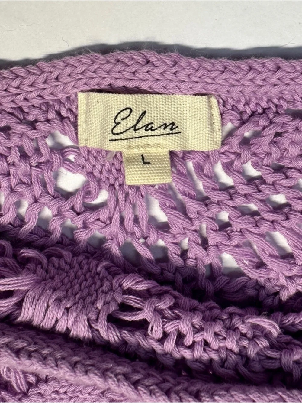 Elan Anthropologie L Crochet Open Knit Sweater Purple Asymmetrical Boho Grunge